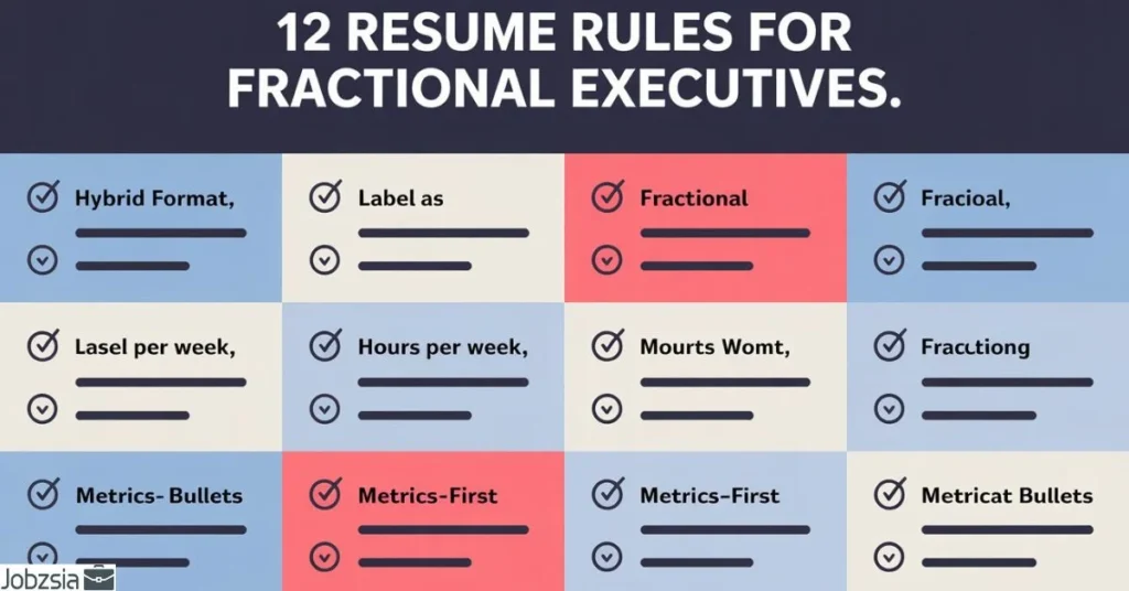 Visual checklist of the top 12 fractional executive resume formatting rules for contract roles